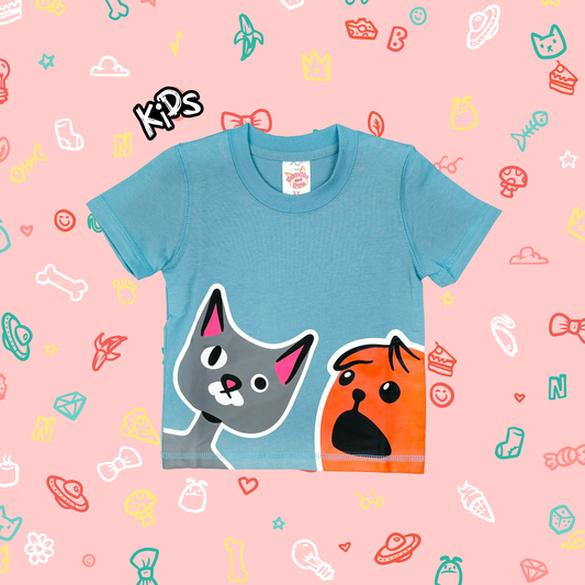 Blue kids t-shirt with cartoon cat and dog face print